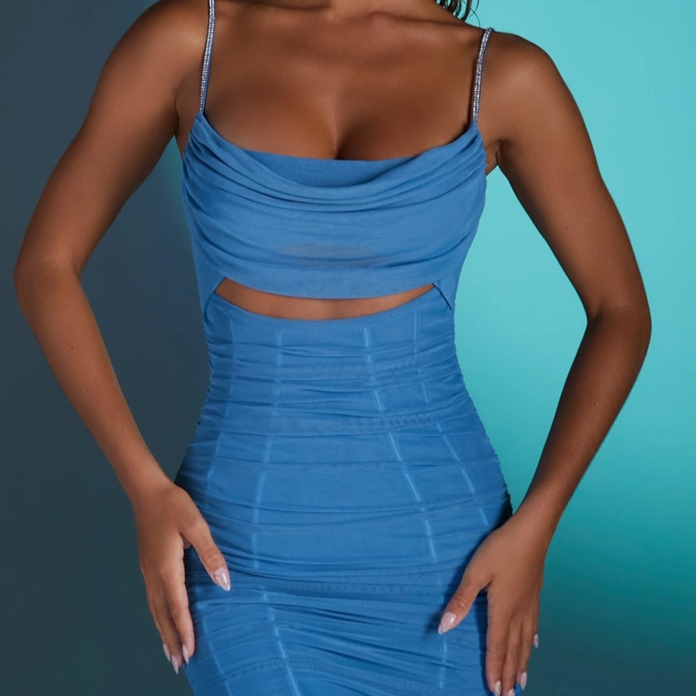 OH POLLY MONTPELLIER 
EMBELLISHED STRAP MINI DRESS IN BLUE, never worn w/ tags!